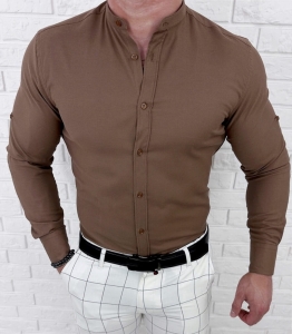 Brązowa koszula męska ze stójką slim fit oxford Stylovy 2068