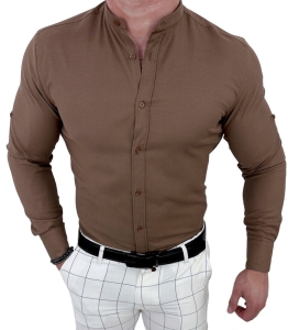 Brązowa koszula męska ze stójką slim fit oxford Stylovy 2068