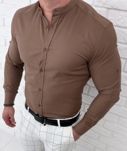 Brązowa koszula męska ze stójką slim fit oxford Stylovy 2068
