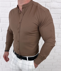 Brązowa koszula męska ze stójką slim fit oxford Stylovy 2068