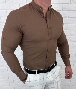 Brązowa koszula męska ze stójką slim fit oxford Stylovy 2068