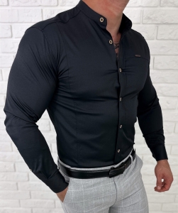 Czarna koszula męska ze stójką slim fit z przeszyciami Stylovy 1963