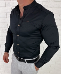 Czarna koszula męska ze stójką slim fit z przeszyciami Stylovy 1963