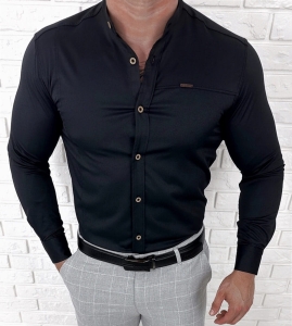 Czarna koszula męska ze stójką slim fit z przeszyciami Stylovy 1963
