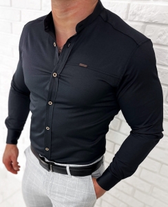 Czarna koszula męska ze stójką slim fit z przeszyciami Stylovy 1963