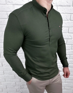 Koszula męska khaki slim fit oxford zapinana do połowy 2009