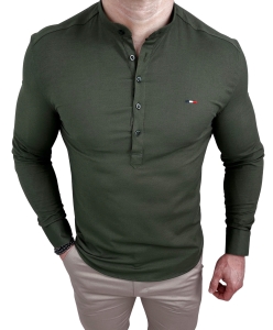 Koszula męska khaki slim fit oxford zapinana do połowy 2009