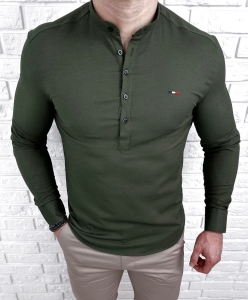 Koszula męska khaki slim fit oxford zapinana do połowy 2009