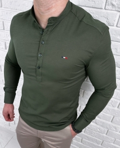 Koszula męska khaki slim fit oxford zapinana do połowy 2009