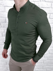 Koszula męska khaki slim fit oxford zapinana do połowy 2009