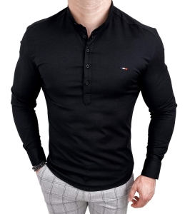 Czarna koszula męska slim fit oxford zapinana do połowy 2009