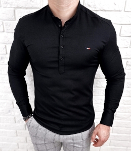 Czarna koszula męska slim fit oxford zapinana do połowy 2009
