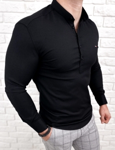 Czarna koszula męska slim fit oxford zapinana do połowy 2009