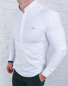 Biała koszula męska slim fit oxford zapinana do połowy 2009