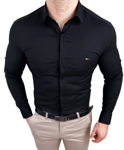 Czarna koszula męska slim fit z kołnierzem zakryta plisa 2010