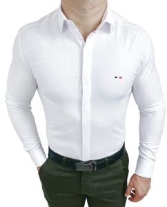 Biała koszula męska slim fit z kołnierzem zakryta plisa 2010