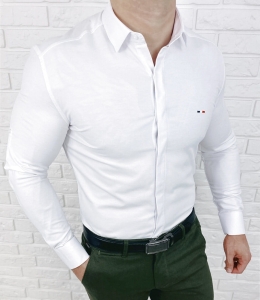 Biała koszula męska slim fit z kołnierzem zakryta plisa 2010