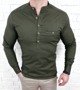 Koszula męska ze stójką khaki slim fit zapinana do połowy 1966