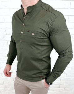Koszula męska ze stójką khaki slim fit zapinana do połowy 1966