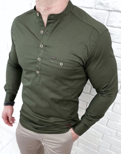 Koszula męska ze stójką khaki slim fit zapinana do połowy 1966
