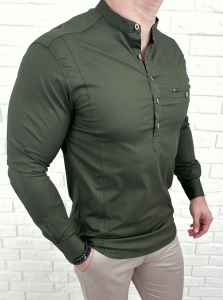 Koszula męska ze stójką khaki slim fit zapinana do połowy 1966