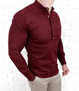 Koszula męska ze stójką bordowa slim fit zapinana do połowy 1966