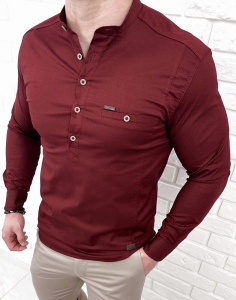 Koszula męska ze stójką bordowa slim fit zapinana do połowy 1966