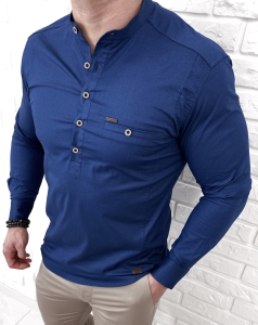 Koszula męska ze stójką granatowa slim fit zapinana do połowy 1966