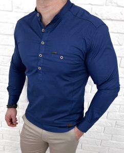 Koszula męska ze stójką granatowa slim fit zapinana do połowy 1966