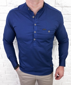 Koszula męska ze stójką granatowa slim fit zapinana do połowy 1966