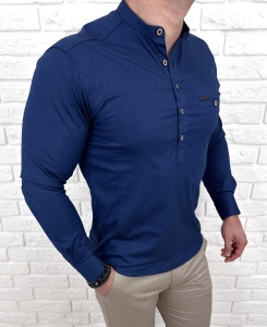 Koszula męska ze stójką granatowa slim fit zapinana do połowy 1966