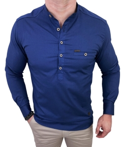 Koszula męska ze stójką granatowa slim fit zapinana do połowy 1966