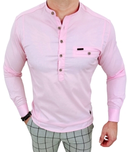 Koszula męska ze stójką różowa slim fit zapinana do połowy 1966