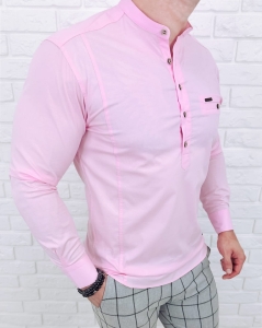 Koszula męska ze stójką różowa slim fit zapinana do połowy 1966