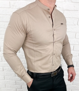 Koszula męska ze stójką beżowa slim fit z przeszyciami Stylovy 1963