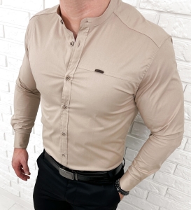 Koszula męska ze stójką beżowa slim fit z przeszyciami Stylovy 1963