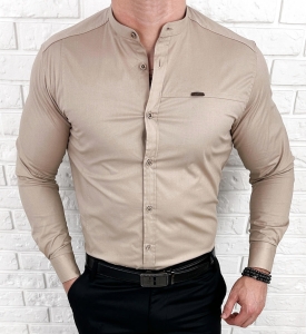 Koszula męska ze stójką beżowa slim fit z przeszyciami Stylovy 1963