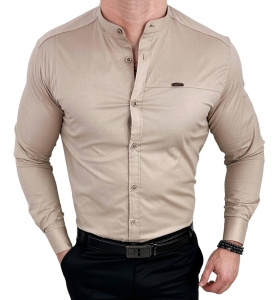 Koszula męska ze stójką beżowa slim fit z przeszyciami Stylovy 1963