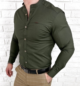 Koszula męska ze stójką khaki slim fit z przeszyciami Stylovy 1963