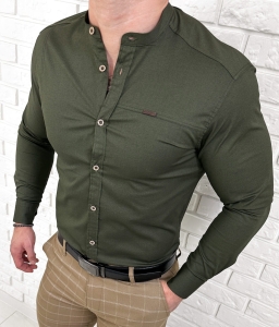 Koszula męska ze stójką khaki slim fit z przeszyciami Stylovy 1963