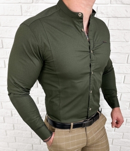 Koszula męska ze stójką khaki slim fit z przeszyciami Stylovy 1963