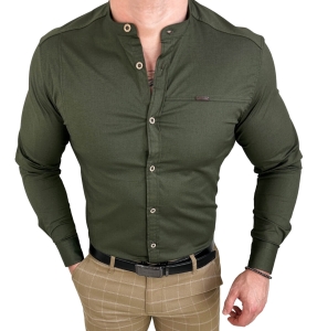 Koszula męska ze stójką khaki slim fit z przeszyciami Stylovy 1963
