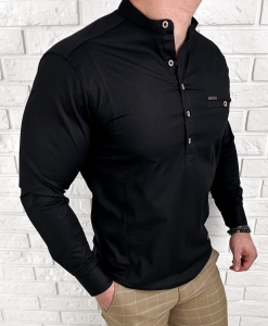 Koszula męska ze stójką czarna slim fit zapinana do połowy 1966