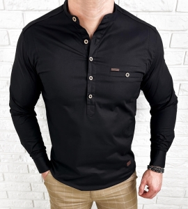 Koszula męska ze stójką czarna slim fit zapinana do połowy 1966