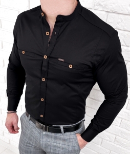 Koszula męska czarna ze stójką slim fit kwadratowe guziki Stylovy 1965