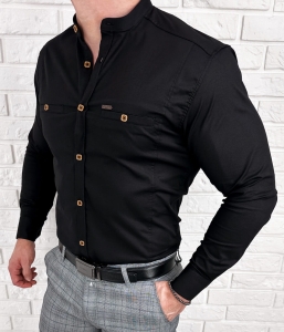 Koszula męska czarna ze stójką slim fit kwadratowe guziki Stylovy 1965
