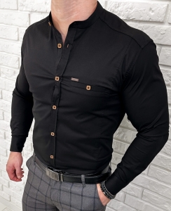 Koszula męska czarna ze stójką slim fit kwadratowe guziki Stylovy 1964