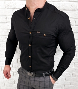 Koszula męska czarna ze stójką slim fit kwadratowe guziki Stylovy 1964
