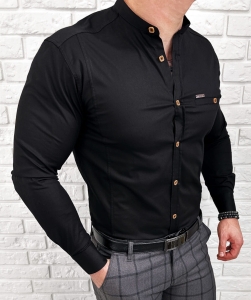 Koszula męska czarna ze stójką slim fit kwadratowe guziki Stylovy 1964