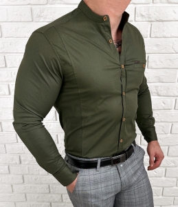 Koszula męska khaki ze stójką slim fit kwadratowe guziki Stylovy 1964